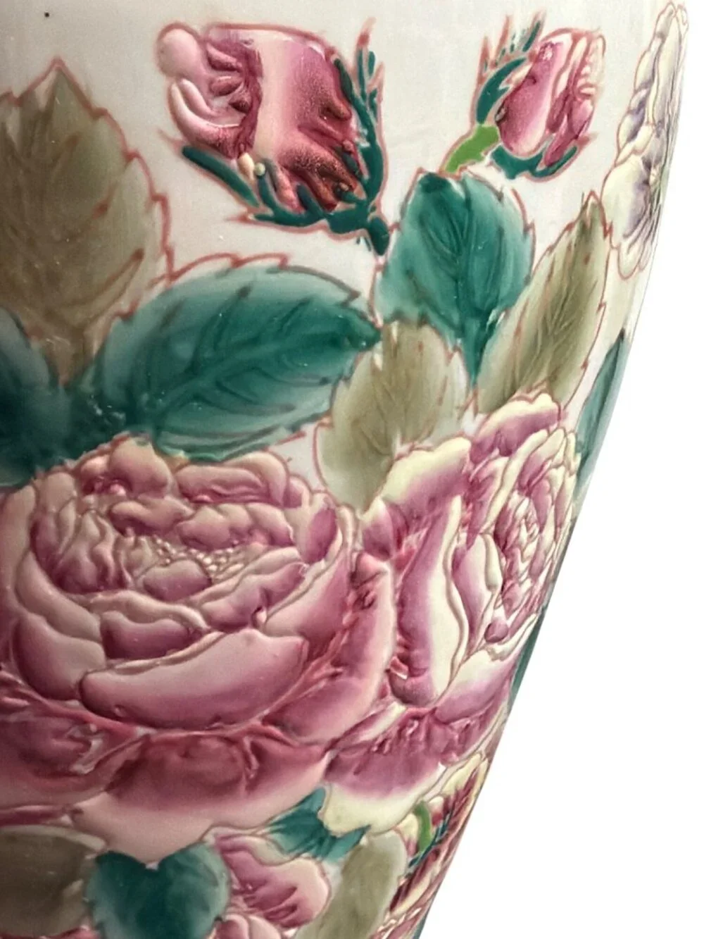 Vintage Hand Painted Porcelain Vase Raised Flowers Roses 12